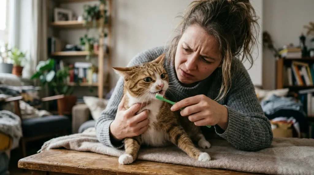 cat teeth brushing mistake — owner attempting to force brush on resistant cat without proper training