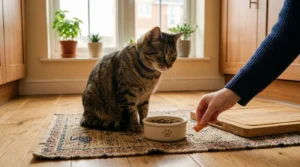 cat dental care reward system — owner giving cat treat after brushing session before meal in apartment