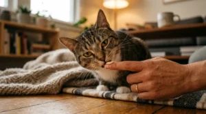 introducing cat toothpaste — owner offering finger with enzymatic toothpaste to curious cat during training