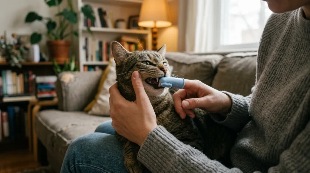 how to brush cat teeth at home step by step — owner demonstrating lip lift and finger brush technique on cat