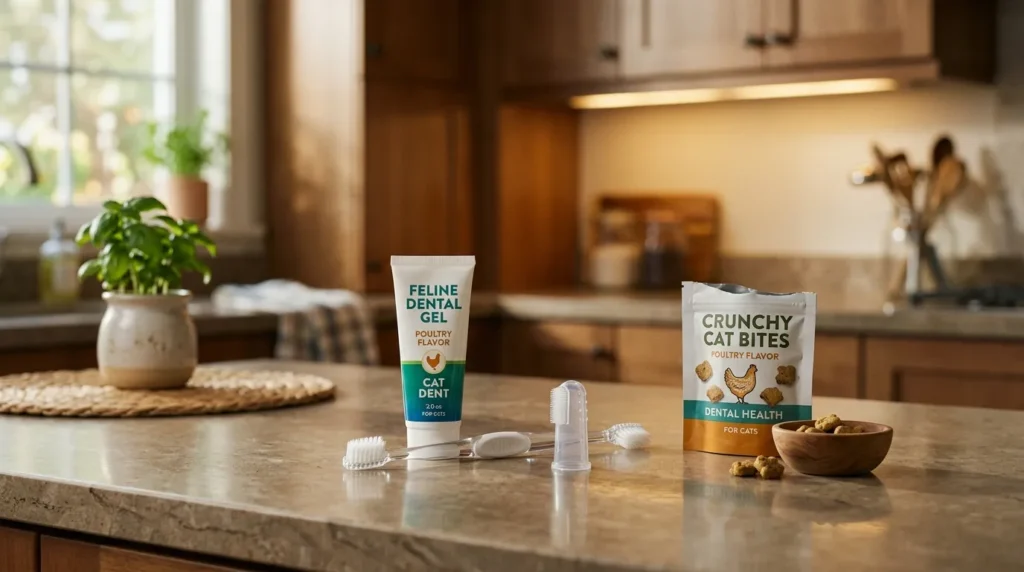 cat teeth brushing supplies — cat toothpaste finger brush and toothbrush on apartment countertop