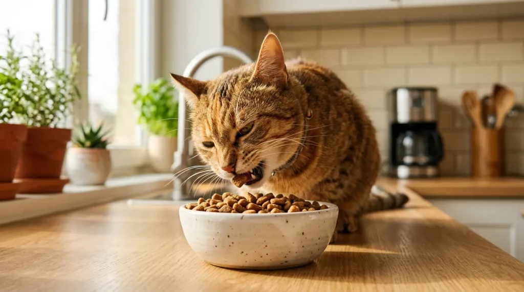 why indoor cats need dental care — cat eating kibble from bowl in apartment kitchen showing plaque risk