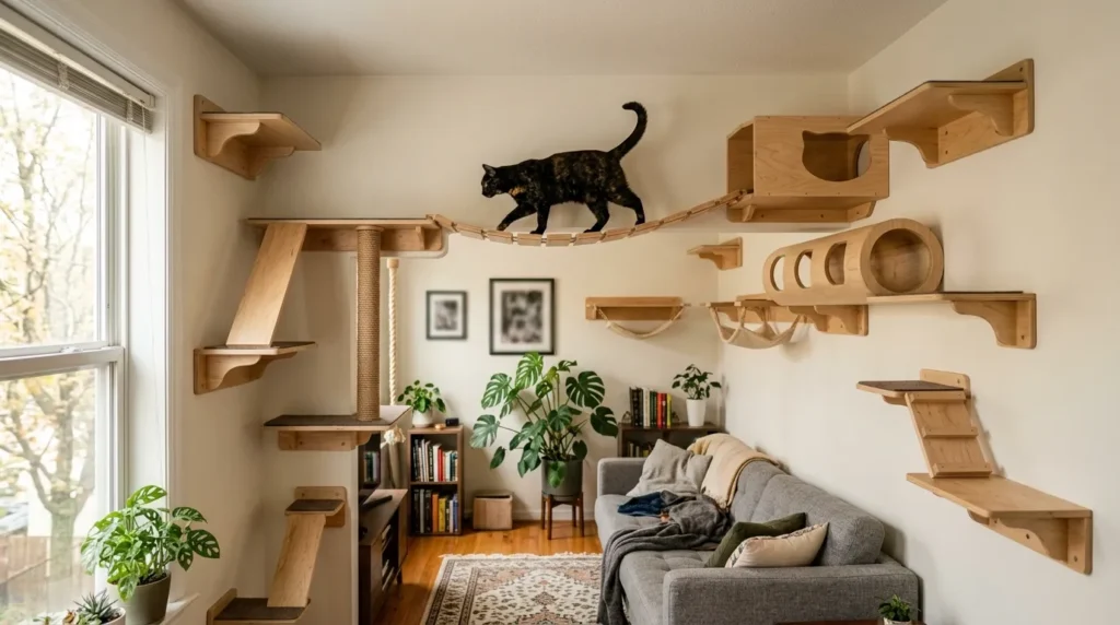 cat aerial highway apartment — a connected system of cat shelves running around an apartment living room perimeter at different heights