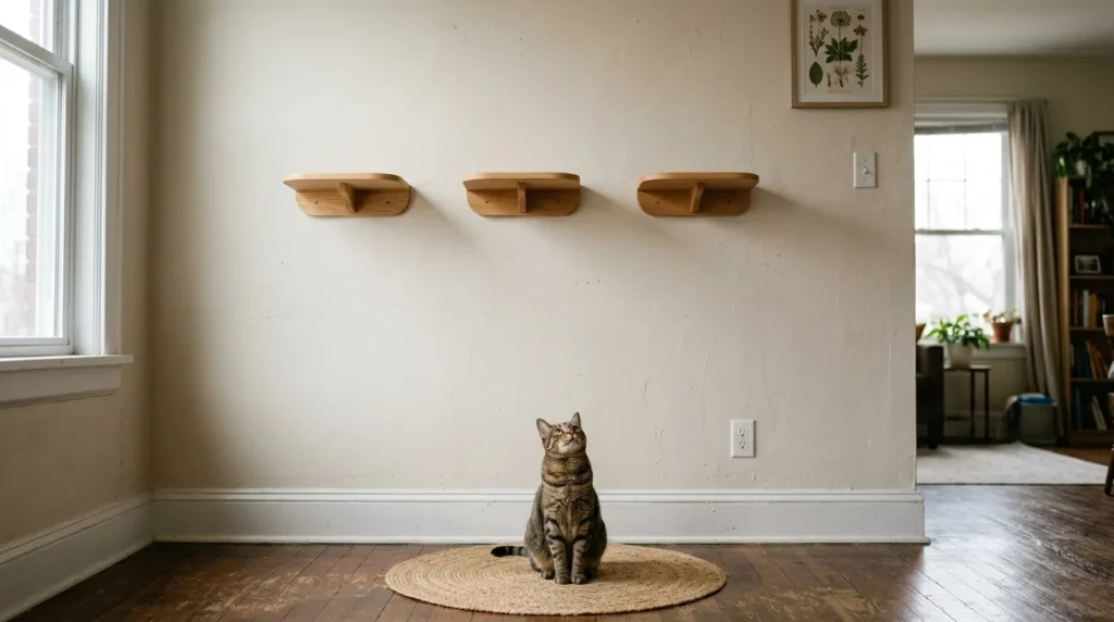 cat wall mistake — isolated shelves on an apartment wall with no connecting route that a cat ignores