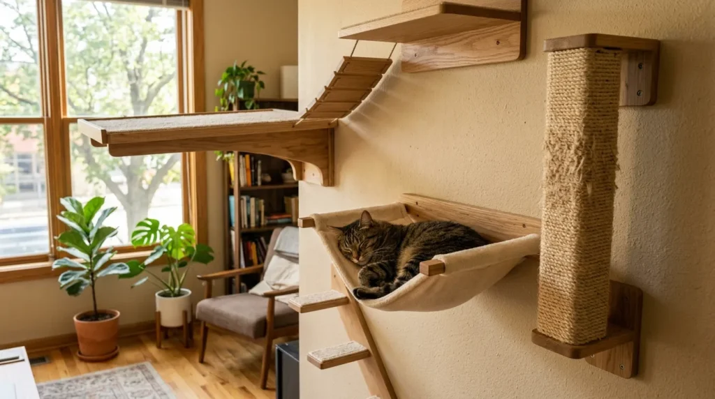cat wall enrichment features — a cat wall with a sisal wrapped post, a hammock perch and a window-level platform installed in a bright apartment