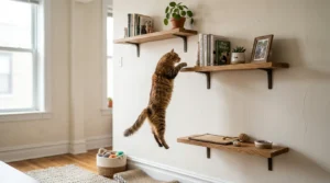 cat wall height planning — a diagram showing shelf heights at 24 inches, 48 inches and 72 inches on an apartment wall 