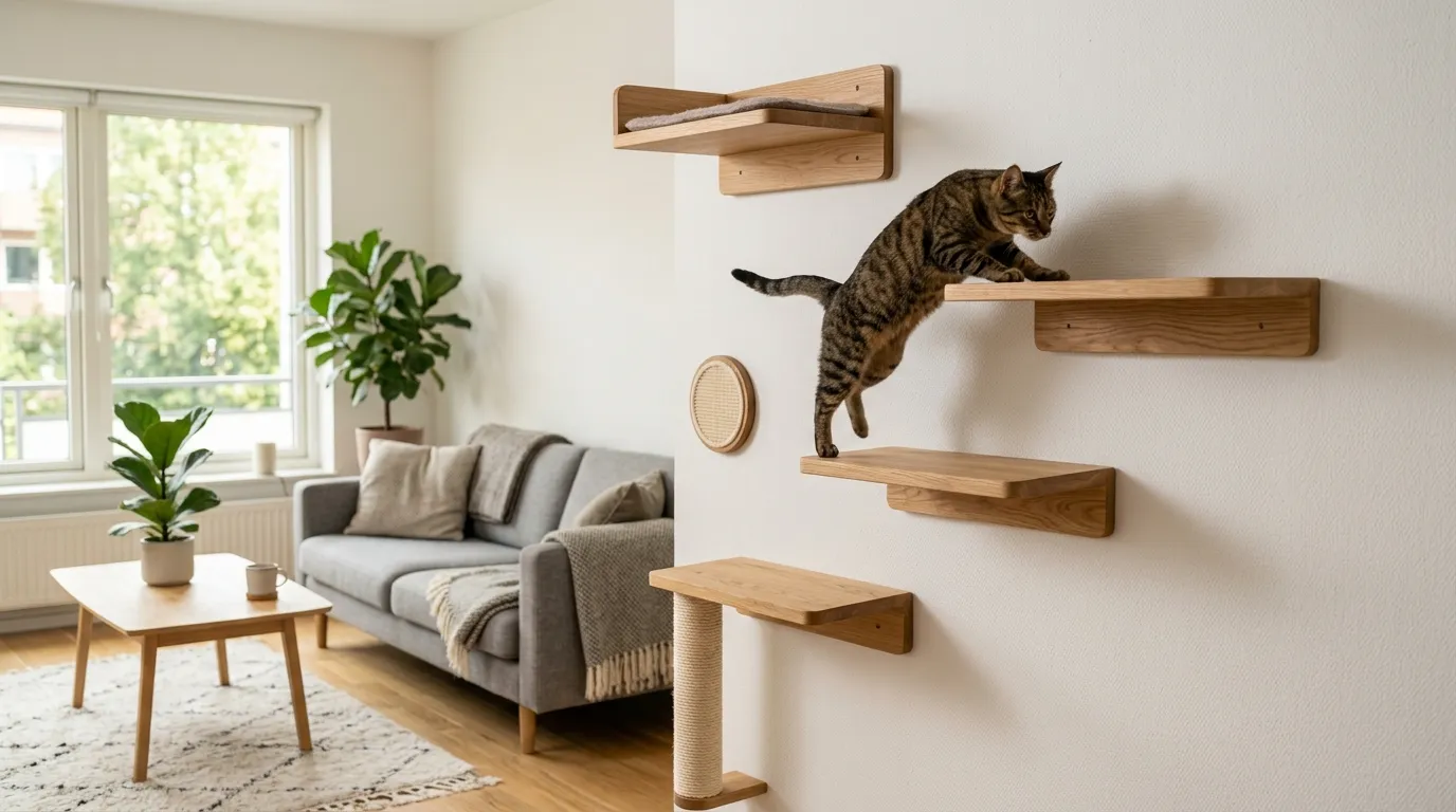 how to build cat wall for apartment — a series of wooden floating cat shelves installed in a staggered pattern on a white apartment wall with a cat climbing between them