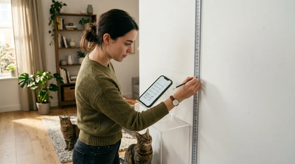 how to build cat wall for apartment planning — a person measuring an apartment wall with a tape measure before shelf installation