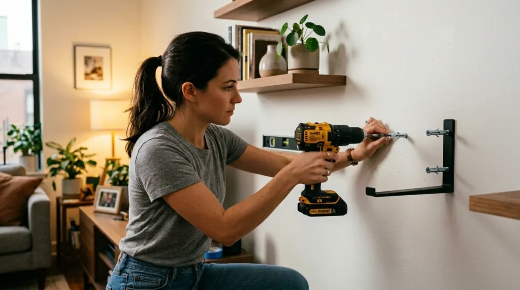 renter friendly cat wall installation — a floating shelf secured with heavy duty wall anchors in an apartment without visible damage