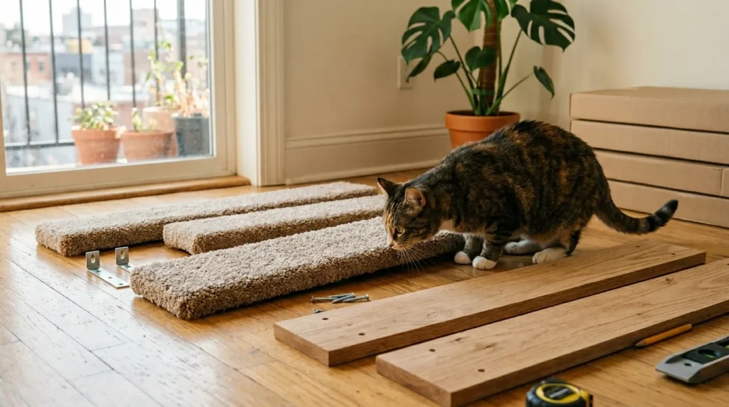 cat wall shelf materials — natural wood floating shelves with carpet covering arranged on an apartment floor before installation