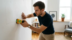 stud finder apartment wall — a person using a stud finder against an apartment wall before drilling for cat shelves