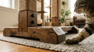 cat tree base stability small apartment — close up of heavy solid wood base of cat tree with cat paw about to climb