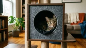 shy cat using enclosed cubby on apartment cat tree — cat peering out from enclosed platform feeling secure in apartment