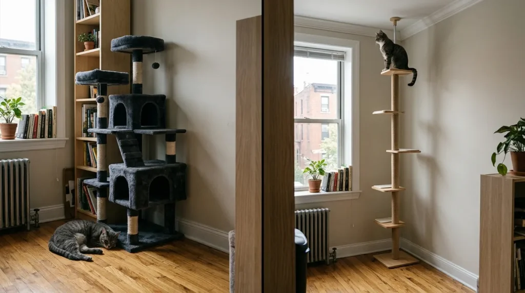 how to choose cat tree small apartment height vs footprint — wide unused condo beside slim tall used tree in same small apartment