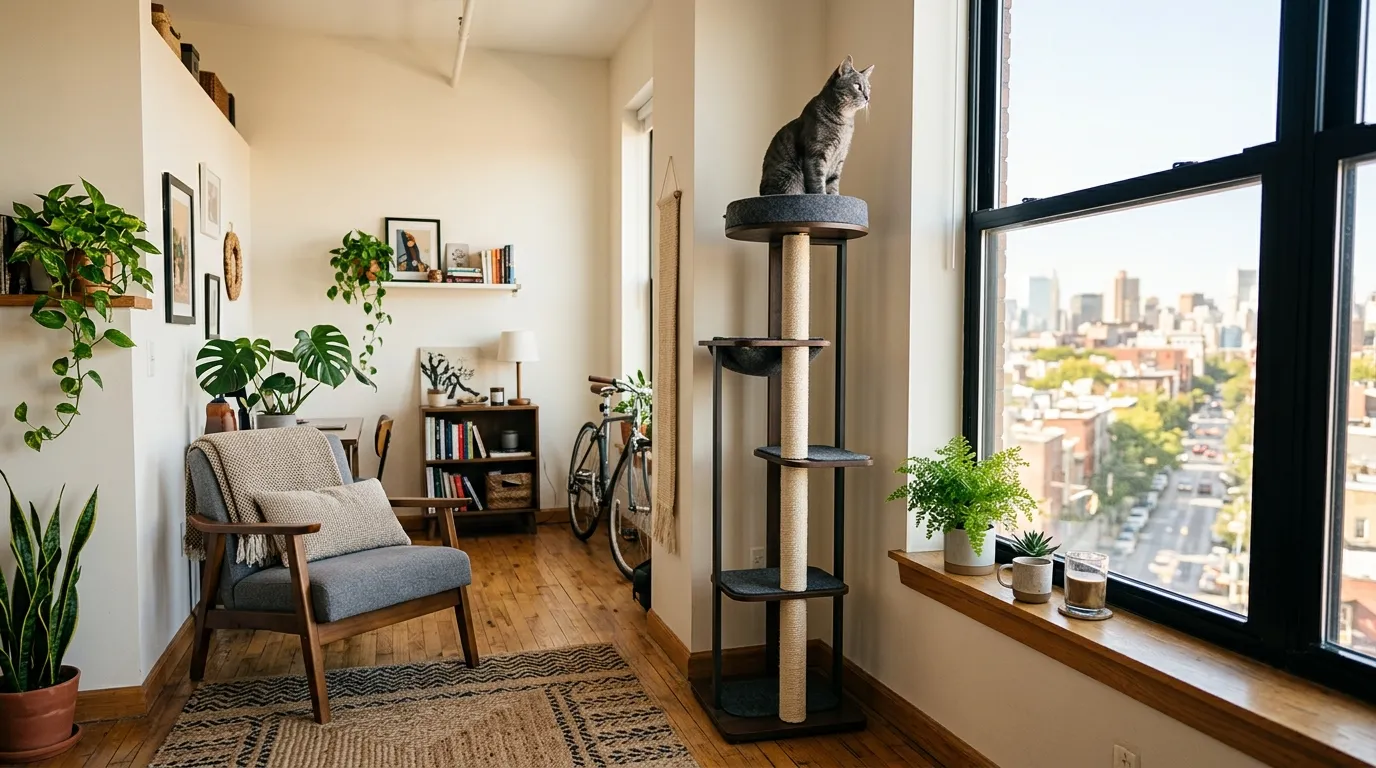 how to choose cat tree for small apartment — slim tall modern cat tree with gray cat on top perch in sunlit studio apartment