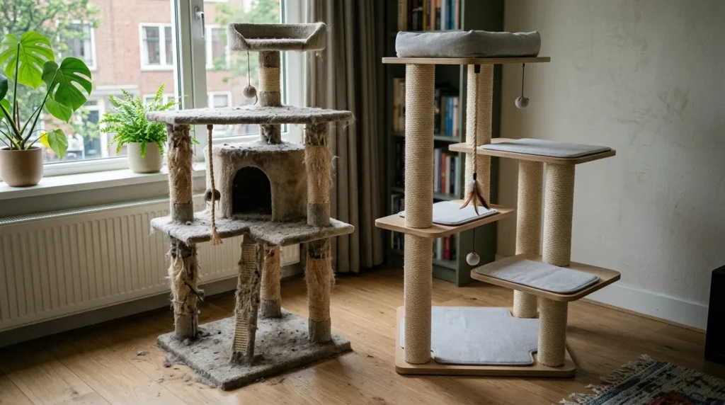 cat tree material small apartment maintenance — carpeted tree showing fur buildup beside clean sisal wood tree with washable pads