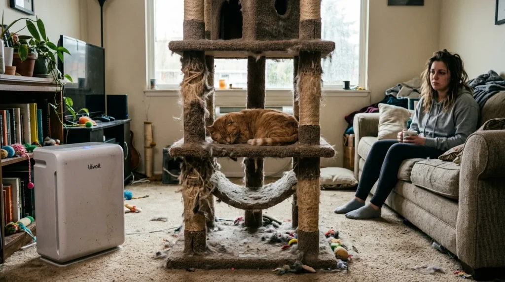 cat tree small apartment material mistake — heavily worn carpeted cat tree with matted fur and staining in compact apartment