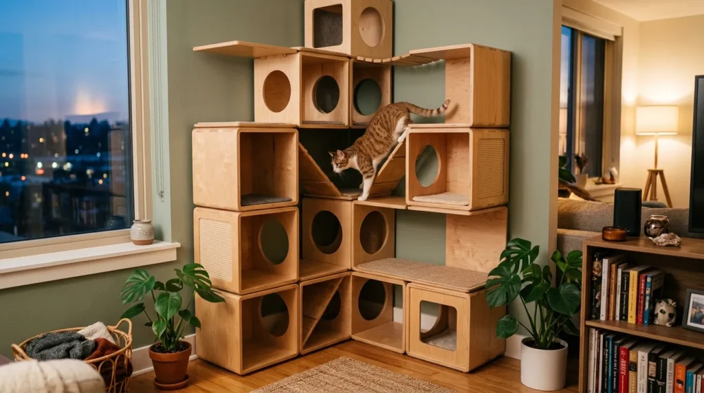 modular cat tree small apartment renter friendly — wooden modular cube system configured to fit apartment corner with exploring cat