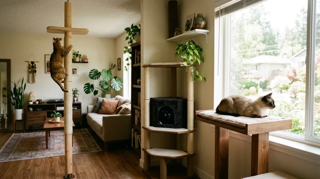 cat tree types small apartment personalities — climber on tension pole, hider in cubby condo and watcher at window level in apartment