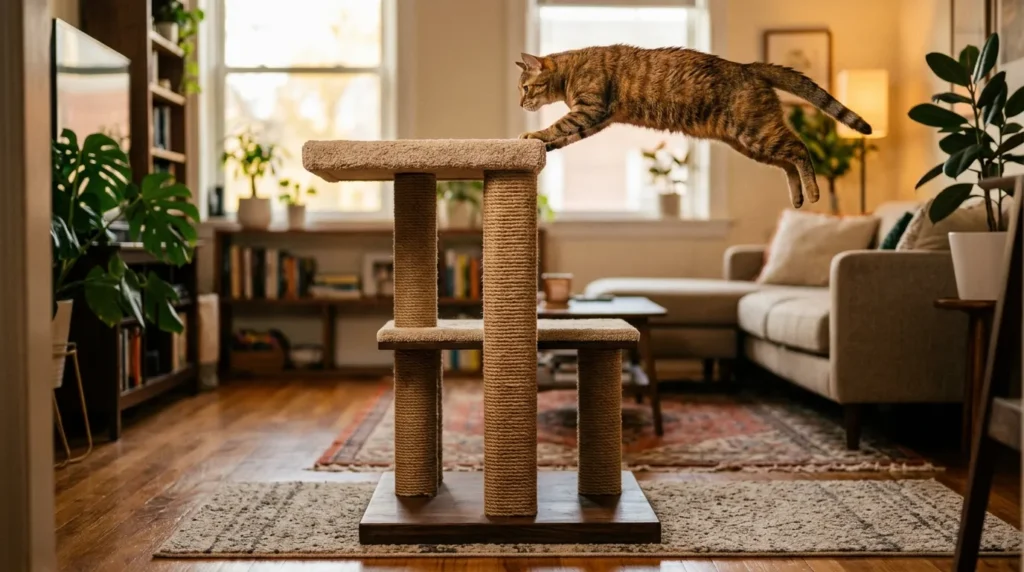 cat tree stability small apartment — cat launching onto top platform of stable cat tree with substantial base in apartment