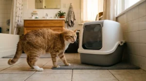 covered litter box odor problem — cat backing away from a covered litter box with a reluctant expression