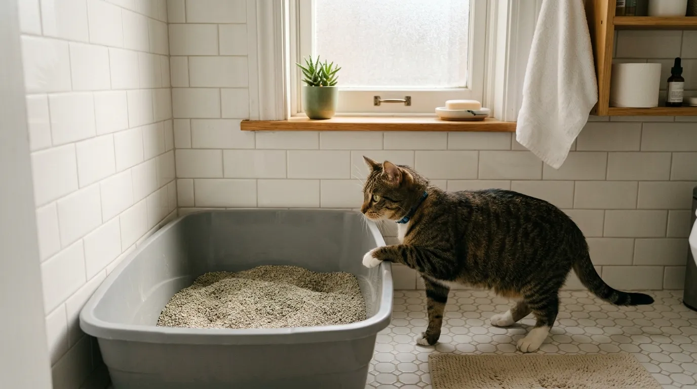 how to choose litter box for indoor cat — large open litter box with clean unscented litter in a quiet apartment bathroom corner