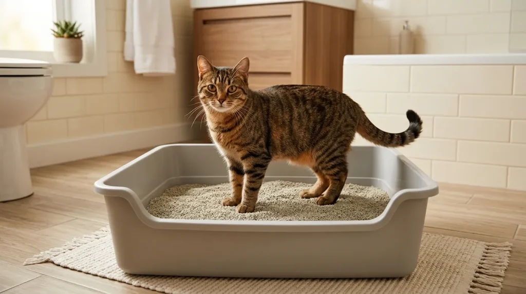 litter box size guide indoor cat — adult tabby cat standing inside an extra large open litter box with plenty of room to turn around