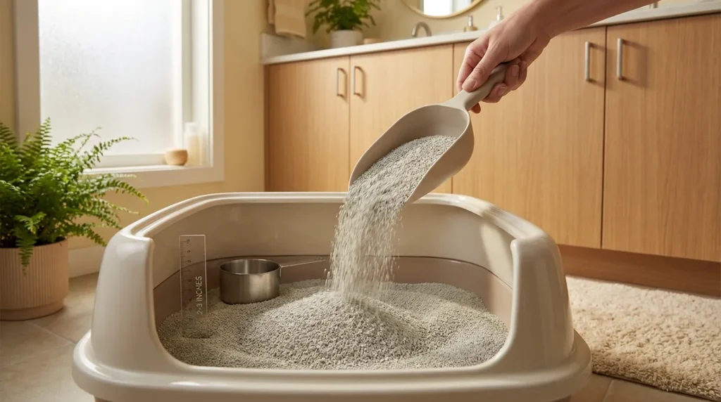 best litter for indoor cat litter box — fresh unscented clumping clay litter poured to correct depth in a large open litter box