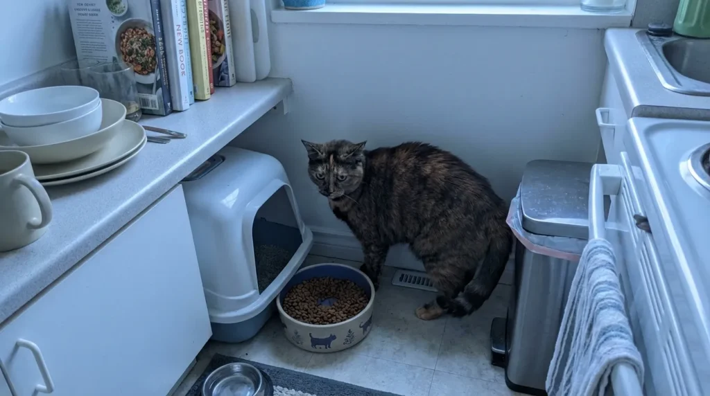 indoor cat litter box avoidance mistakes — cat standing beside a small dirty covered litter box placed next to food bowl looking reluctant 