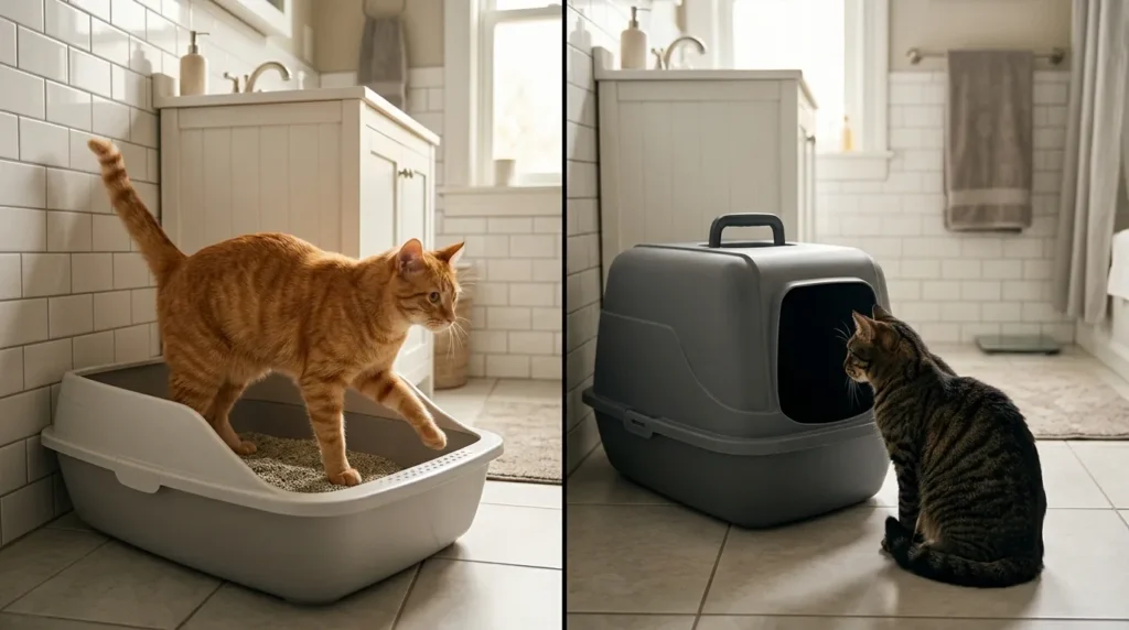 open vs covered litter box indoor cat — side by side comparison showing cat comfortable in open box and hesitant at covered hooded box