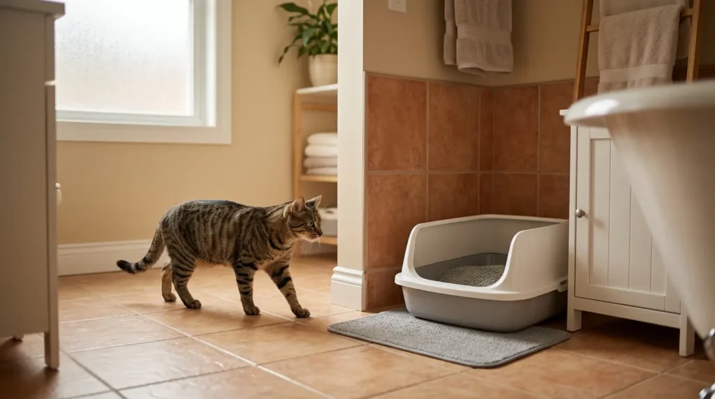 indoor cat litter box placement — litter box positioned in a quiet apartment bathroom corner away from food bowls and washing machine