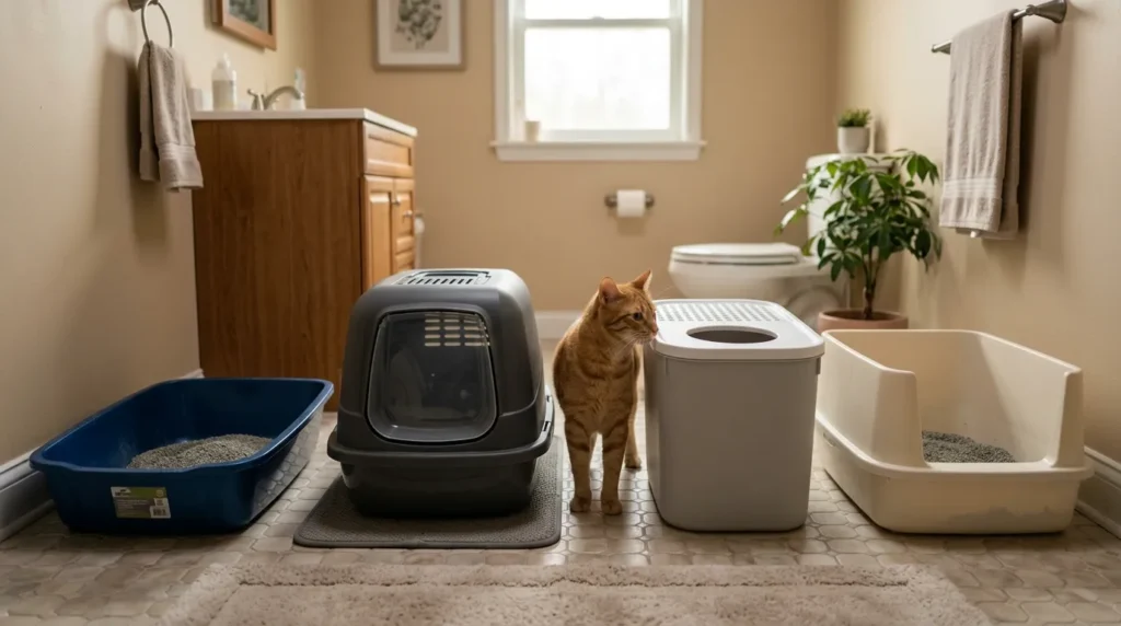 indoor cat litter box types — four different litter box styles shown in an apartment bathroom with a cat investigating each one