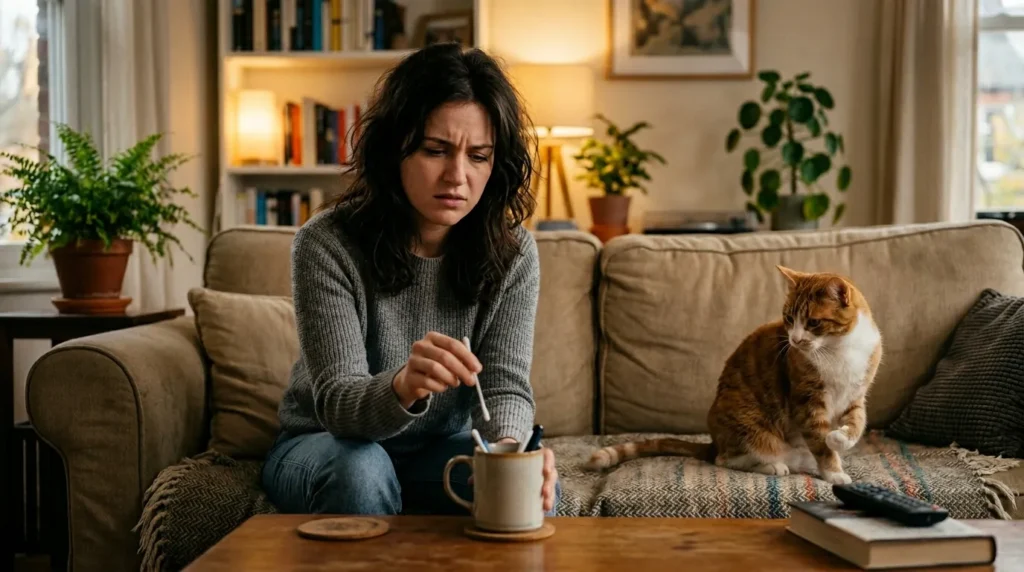 cat ear cleaning mistake — owner reconsidering cotton swab before cleaning cat's ear on apartment couch