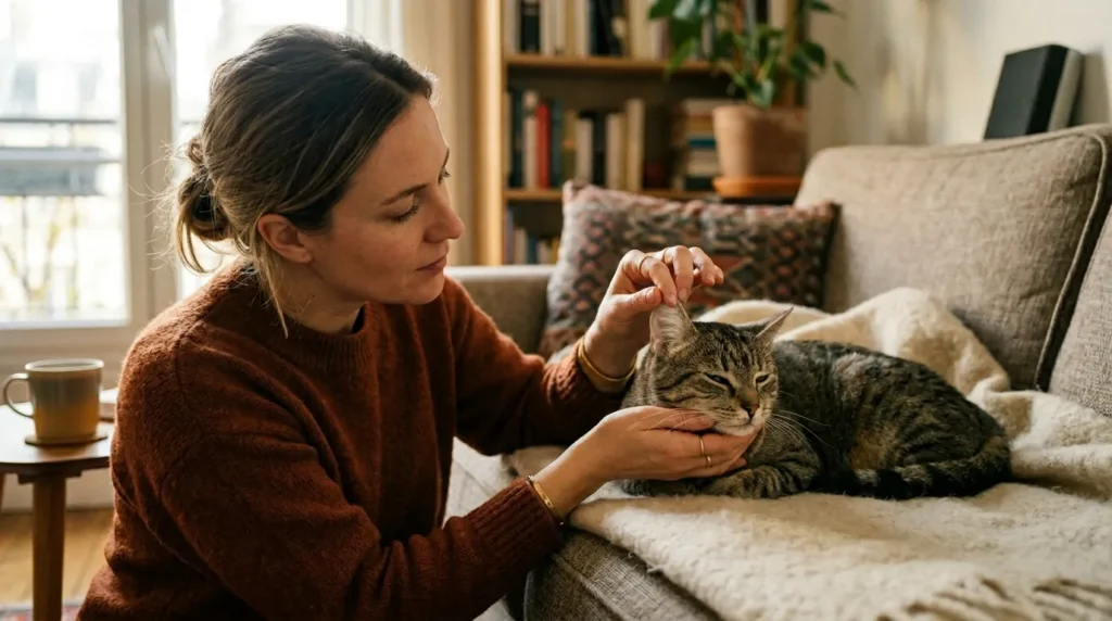 do indoor cats need ear cleaning — owner inspecting tabby cat's clean pink ear during petting session on couch