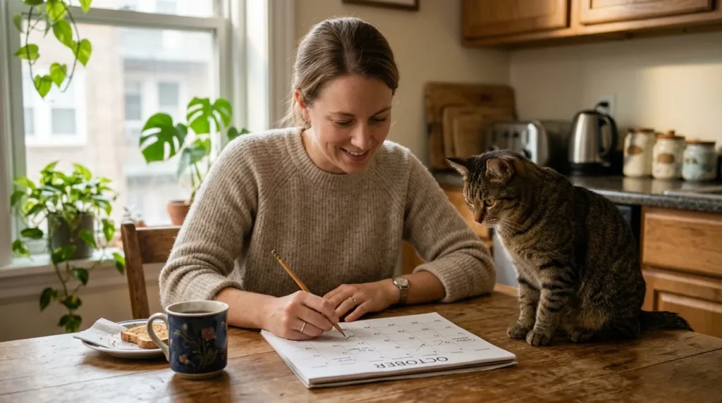 how often to clean cat ears — owner marking monthly calendar with cat sitting nearby in apartment