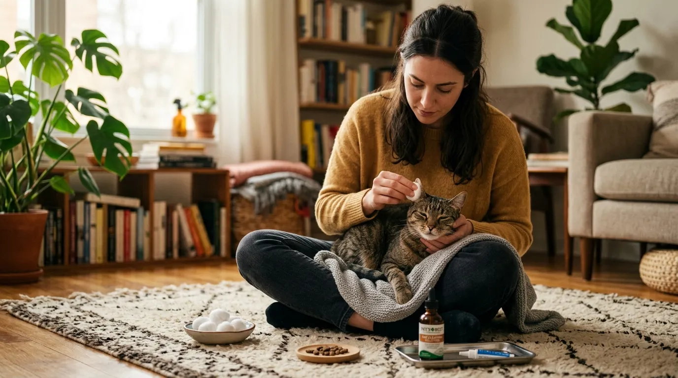 how to clean cat ears at home — owner holding ear cleaner and cotton ball with calm cat in apartment