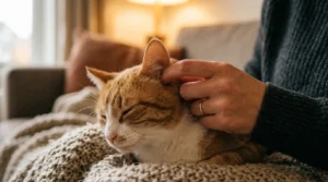 cat ear cleaning massage technique — owner fingers massaging base of cat's ear after applying cleaner 