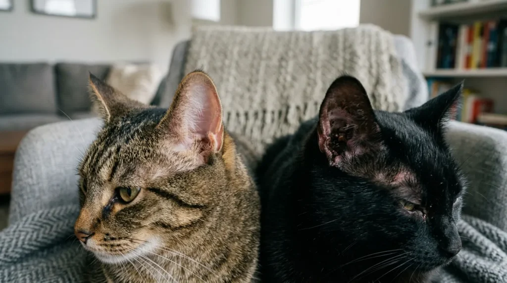 normal vs problem cat ear — healthy pink ear beside ear with dark debris and redness comparison