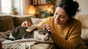 indoor cat ear check routine — owner inspecting cat's ear during brushing session in apartment 