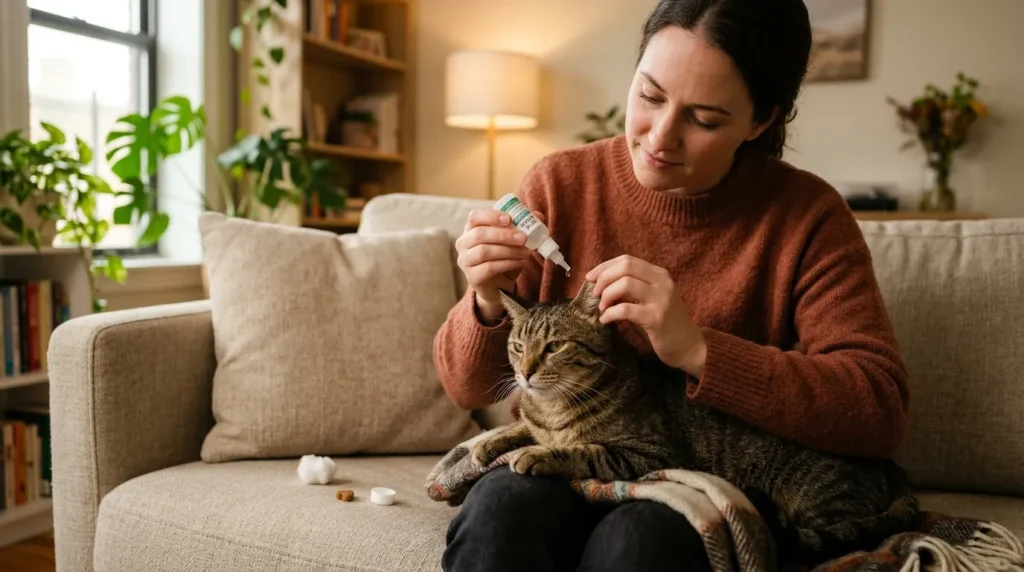 how to clean cat ears at home step by step — owner applying ear cleaning solution to calm tabby cat's ear