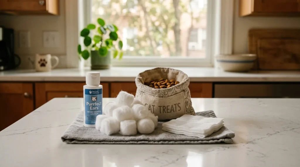 cat ear cleaning supplies — ear cleaner cotton balls gauze and treats laid out on apartment countertop