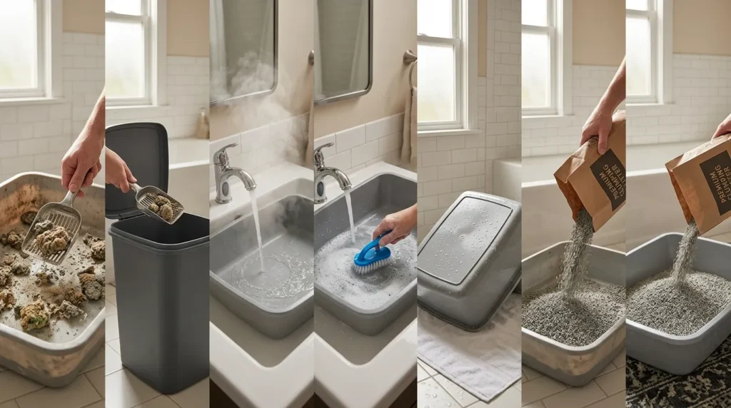 how to clean litter box without smell steps — seven step cleaning system shown as a sequence of actions in a bright apartment bathroom