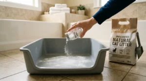 baking soda for litter box odor — owner sprinkling a thin layer of baking soda into an empty clean litter box before refilling with fresh litter