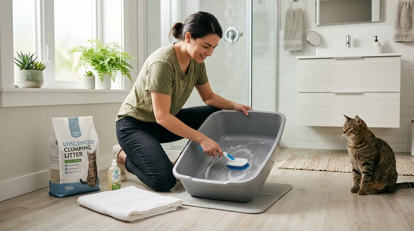 how to clean litter box without smell — owner performing a complete litter box deep clean in a bright apartment bathroom with a content cat watching nearby