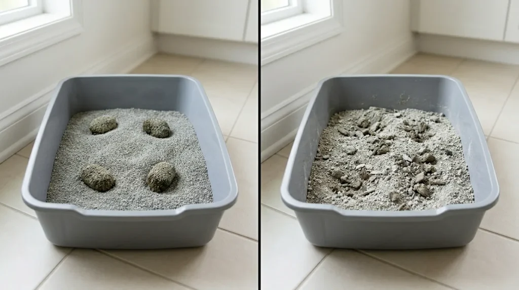 litter choice affects smell — side by side litter box comparison showing strong clumping clay litter versus poor clumping budget litter with broken clumps remaining