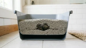 litter depth prevents smell — litter box cross-section showing three inch depth with urine clumping within the litter layer rather than reaching the box base