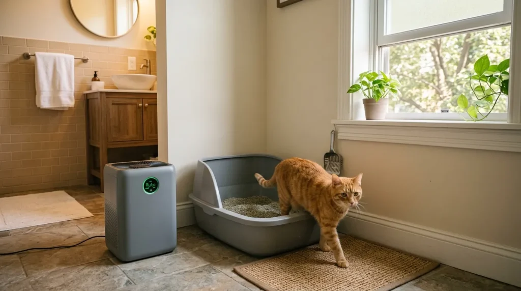 litter box ventilation odor control — small HEPA air purifier running beside an open litter box in a bathroom with a window slightly open for airflow