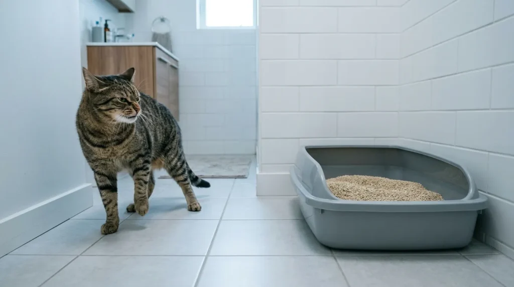 litter box cleaning routine fails — cat avoiding a cleaned litter box that still smells of ammonia in an apartment bathroom