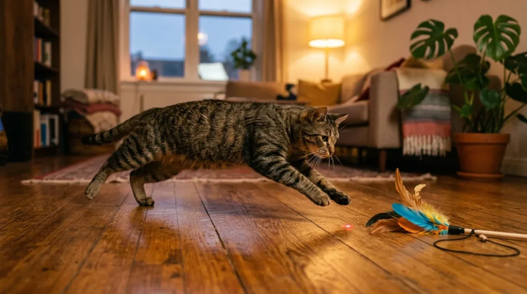 exercise indoor cat agility course — cat navigating a simple apartment obstacle course made from boxes tunnels and cushions showing creative indoor exercise setup