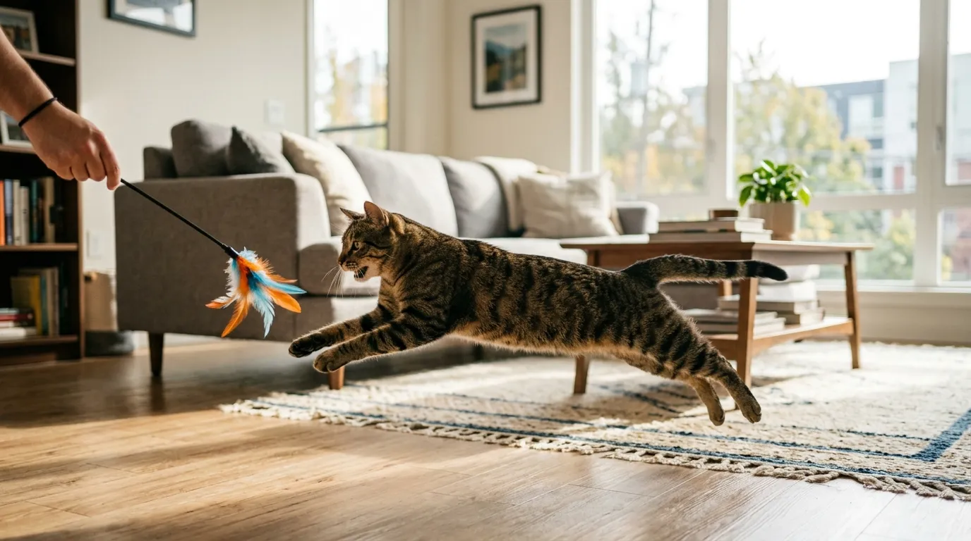 how to exercise indoor cat — athletic tabby cat mid-leap chasing a wand toy across a bright apartment floor showing peak physical exercise engagement